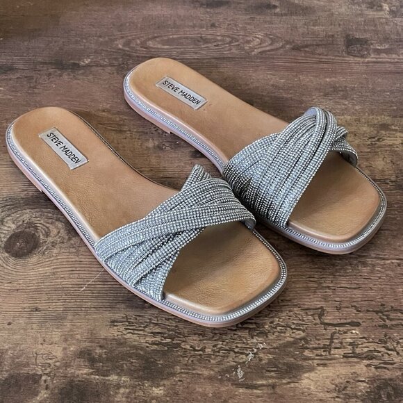 Steve Madden Womens Vanilly Sandal Sz 10 Silver Crystal Slip On Slide Bling Glam - Picture 10 of 13